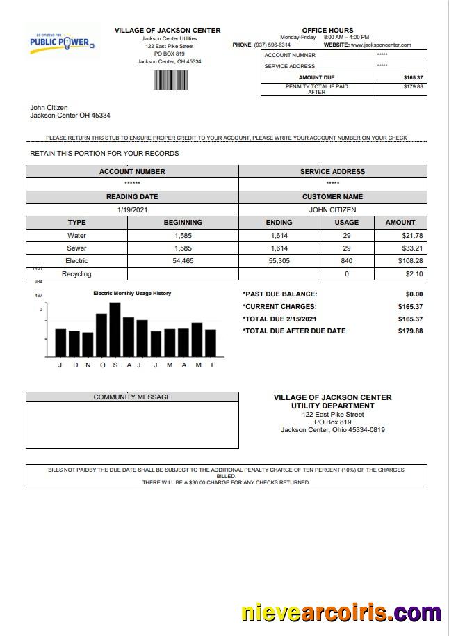 USA Ohio Village of Jackson Center Public Power utility bill